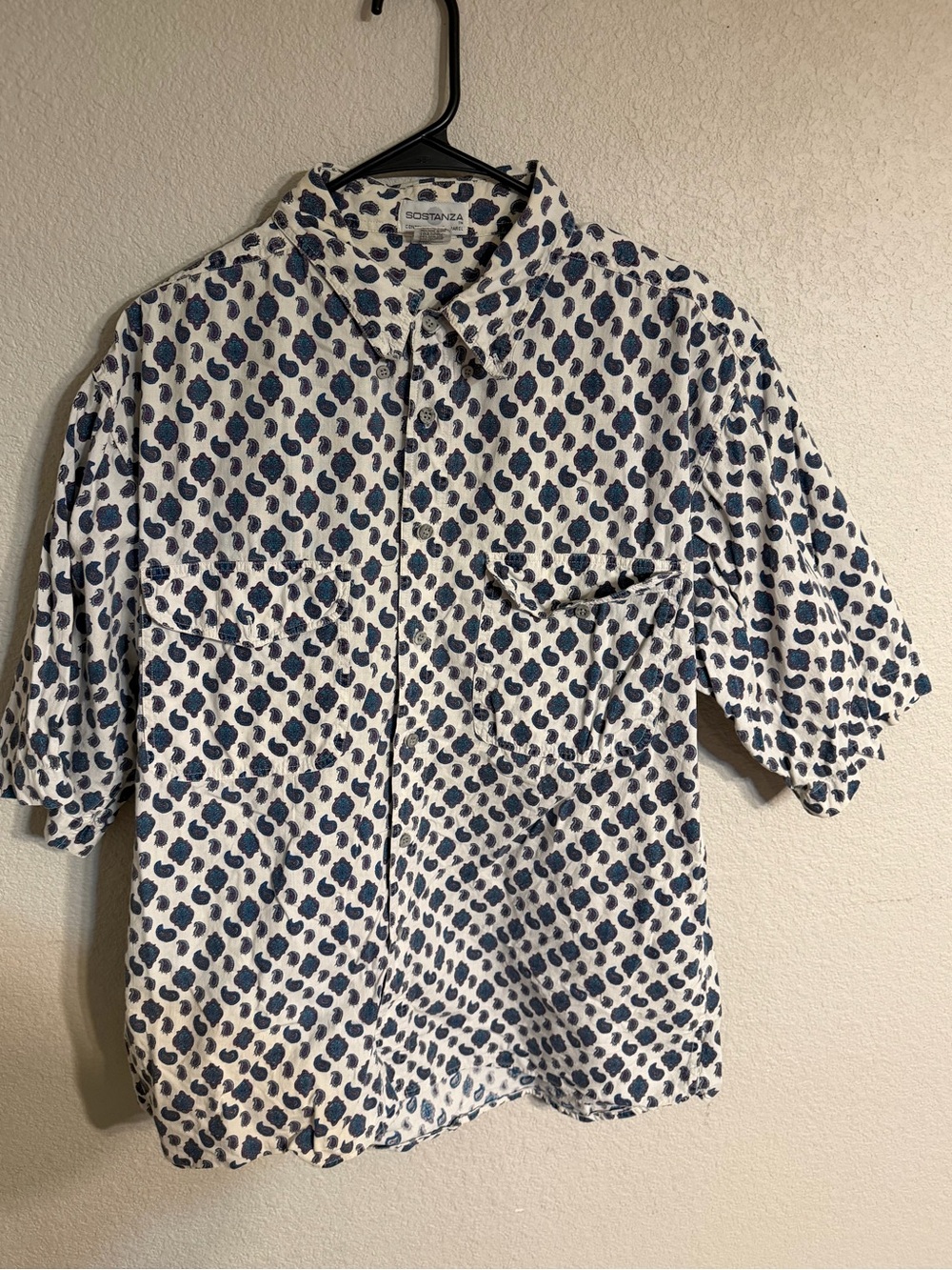 Vtg Boden White Short-Sleeve Button-Down Shirt with Navy Dot Print